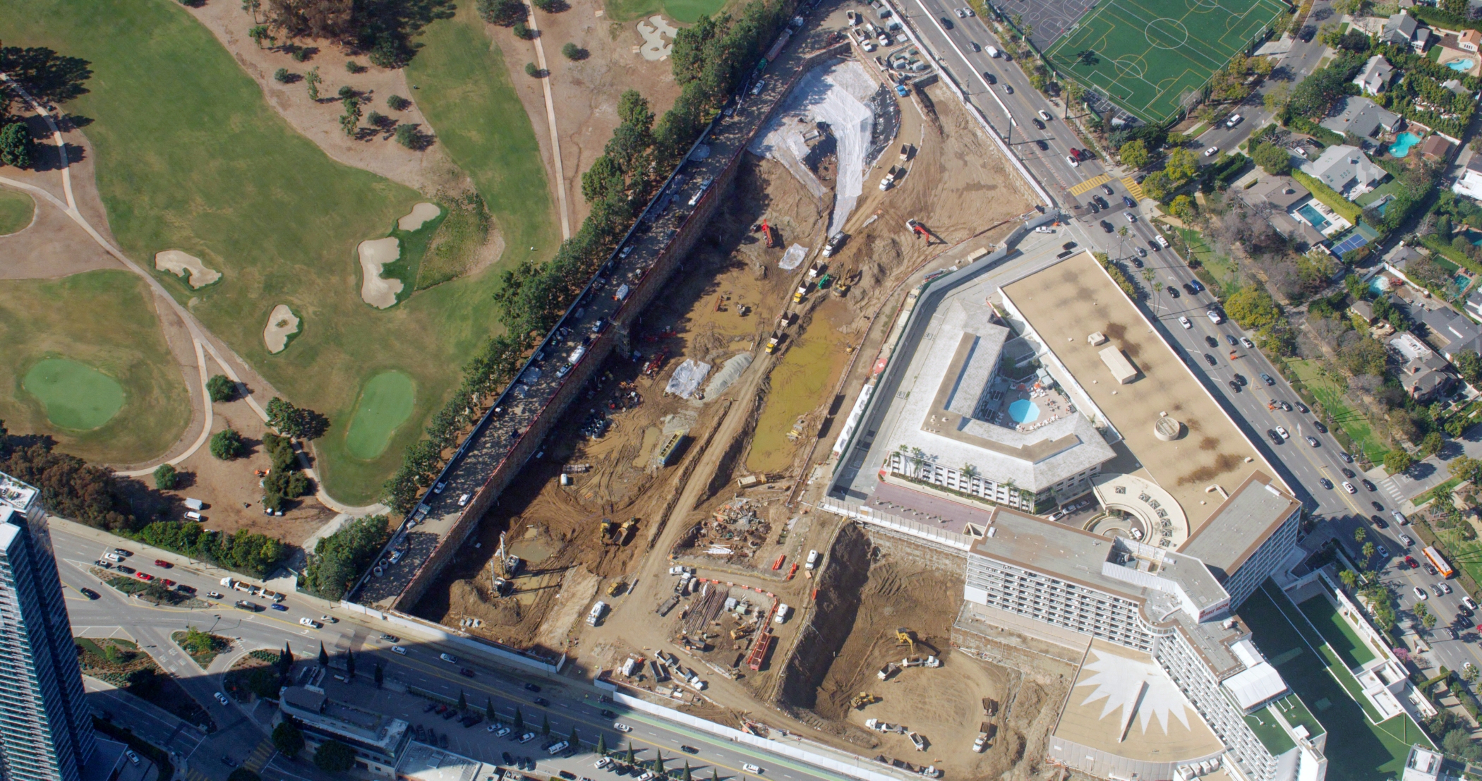A view of One Beverly Hills from above as construction progresses toward a phased opening starting in 2027. (CoStar)