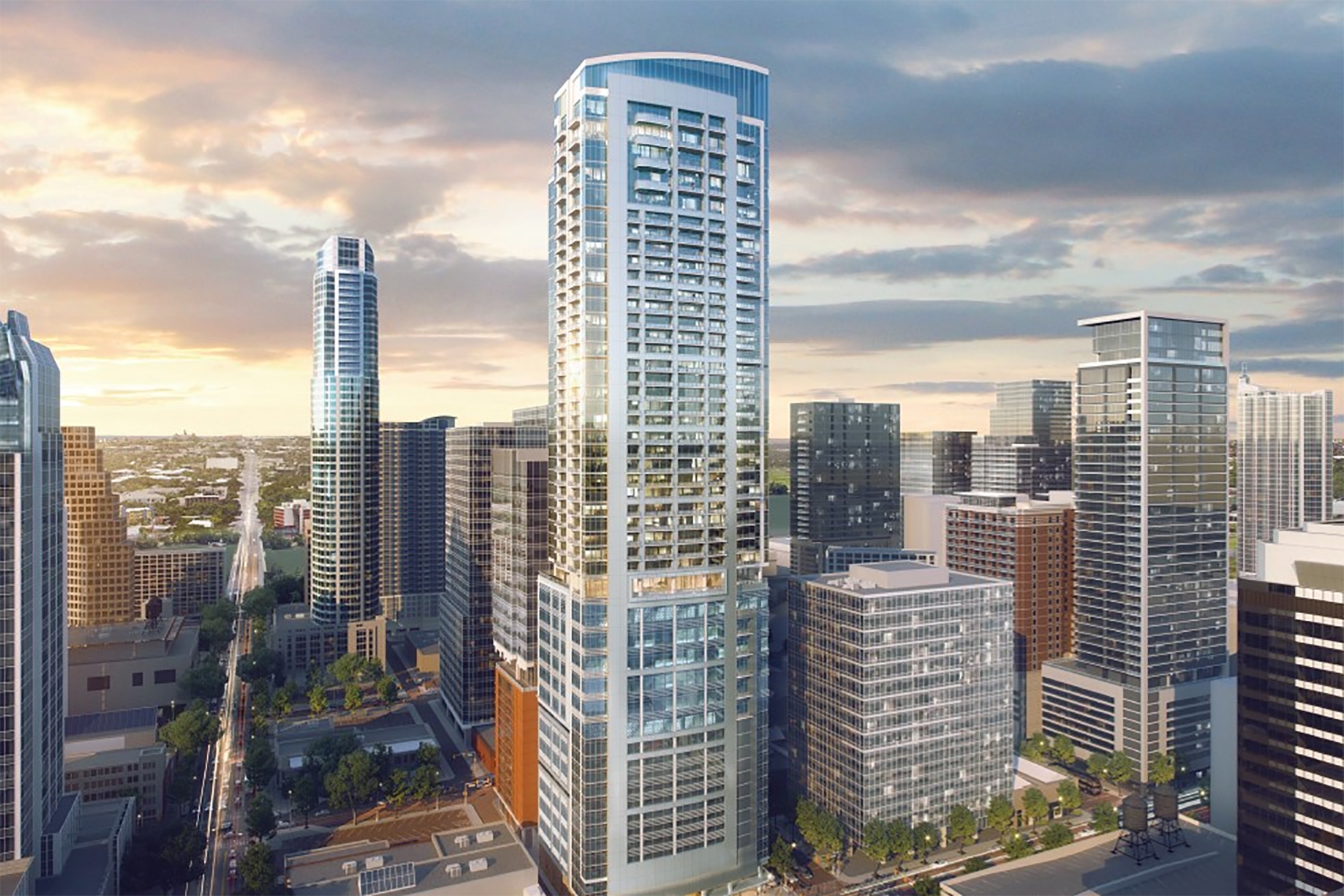 A rendering of 5th &amp; Colorado, a vertical mixed-use project planned for downtown Austin, Texas. (Stonelake)