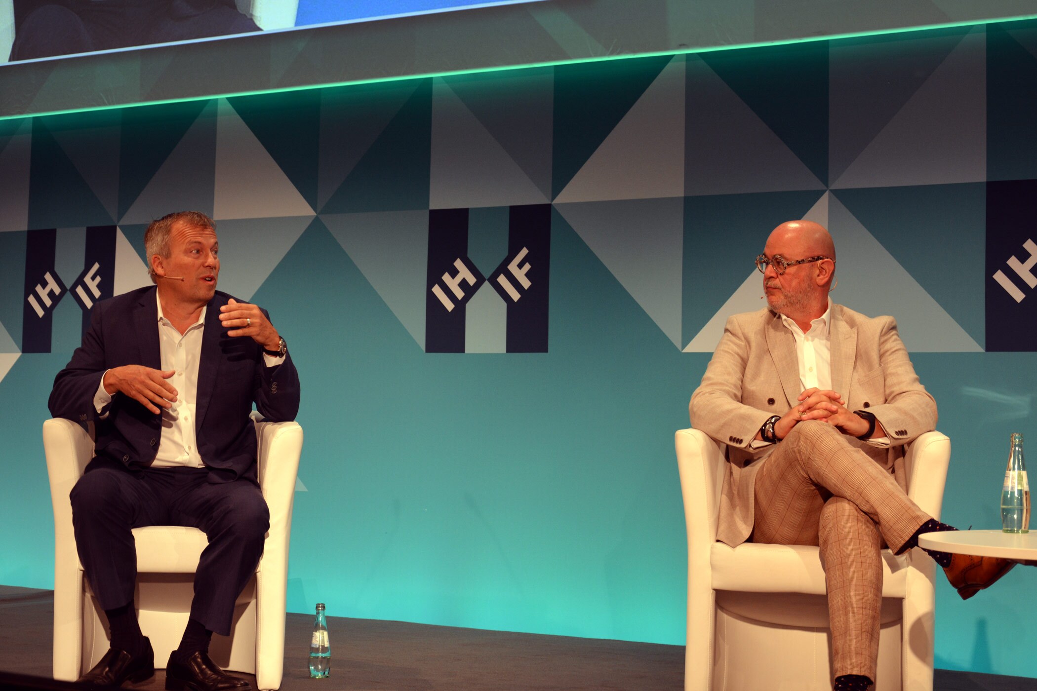 Michael Deitemeyer (left), of Aimbridge Hospitality, and Dimitris Manikis, of Wyndham Hotels & Resorts, said investment in efficiencies and hotel staff as well as time spent on the phone have been invaluable during the crisis. (Terence Baker)