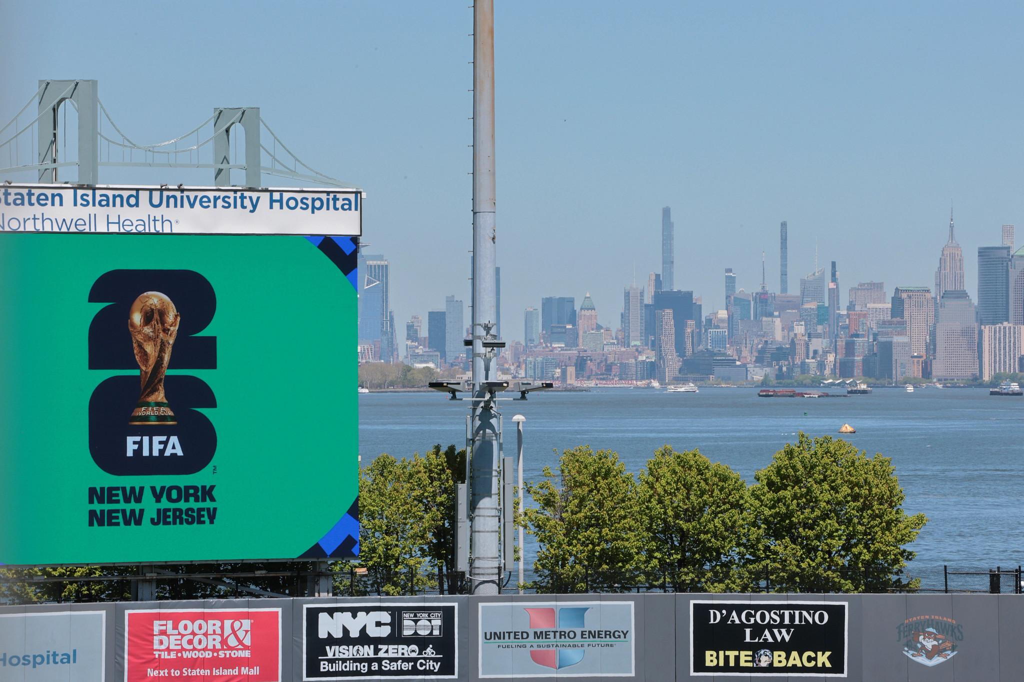 NEW YORK, NEW YORK - APRIL 27: The FIFA logo is displayed at the Staten Island University Hospital Community Park on April 27, 2026 in New York City. Mayor Mamdani was joined by Gov. Kathy Hochul, government officials and members of the New York New Jersey FIFA World Cup 2026 Host Committee as they announced NYC will be hosting five free World Cup viewing parties in various parts of NYC. (Photo by Michael M. Santiago/Getty Images) (Getty Images)
