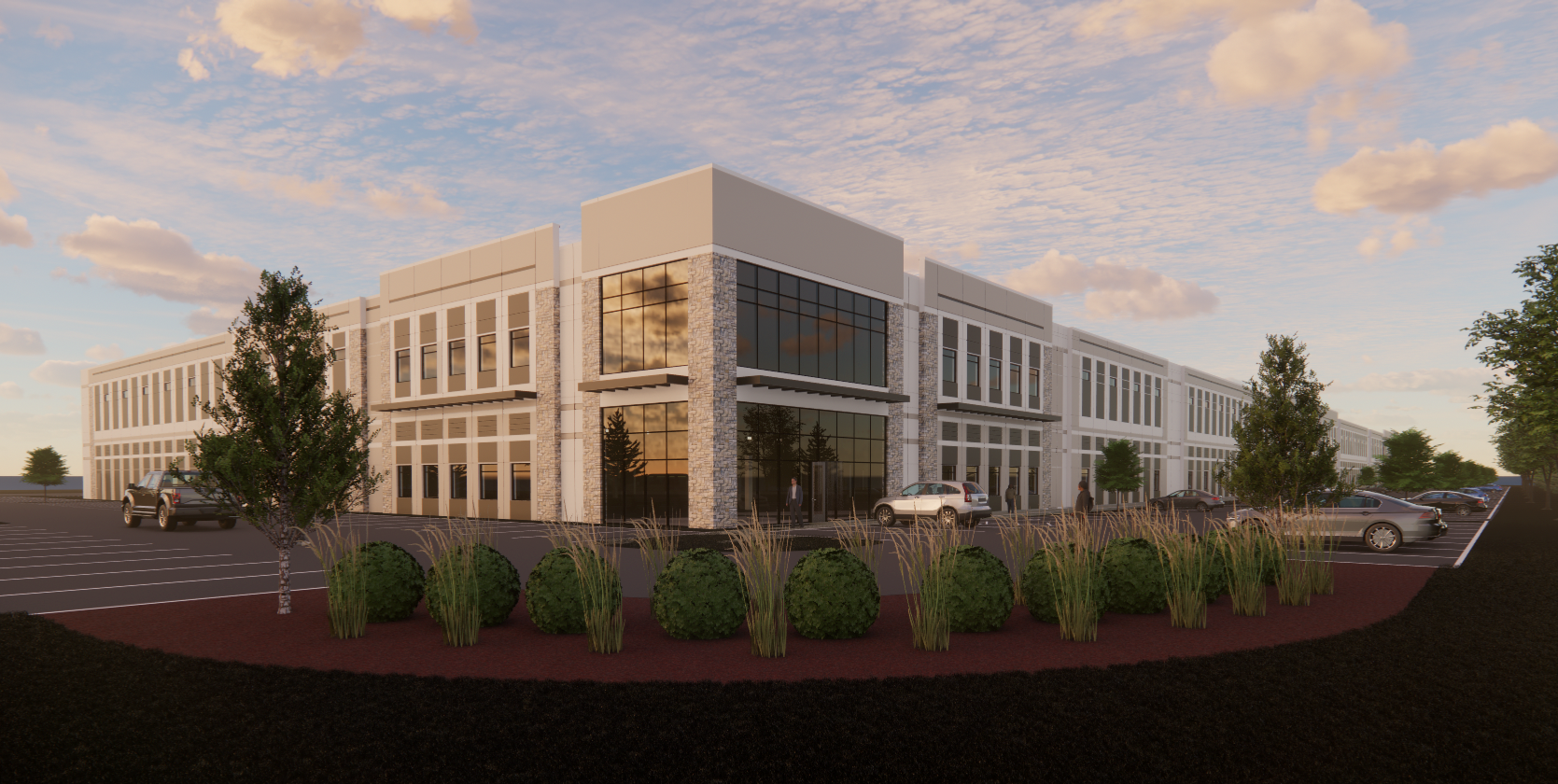 An artist's rendering shows a planned building at Endeavor Development’s Nexus at Opus Park. (CBRE)