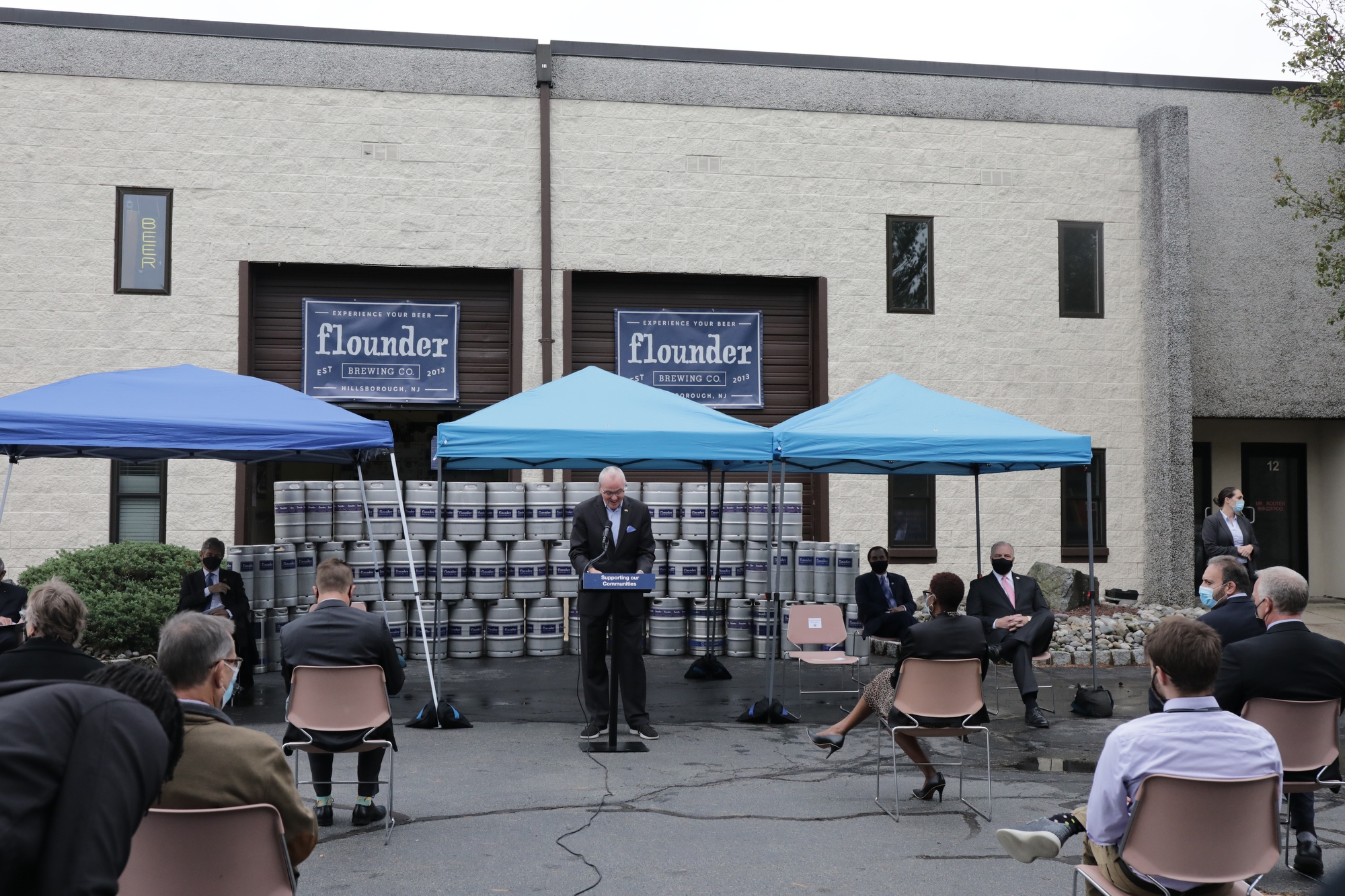 New Jersey Gov. Phil Murphy announces more than $100 million in additional COVID-19 relief at Flounders Brewery Co. in Hillsborough on Tuesday. (Edwin Torres/New Jersey governor’s office)