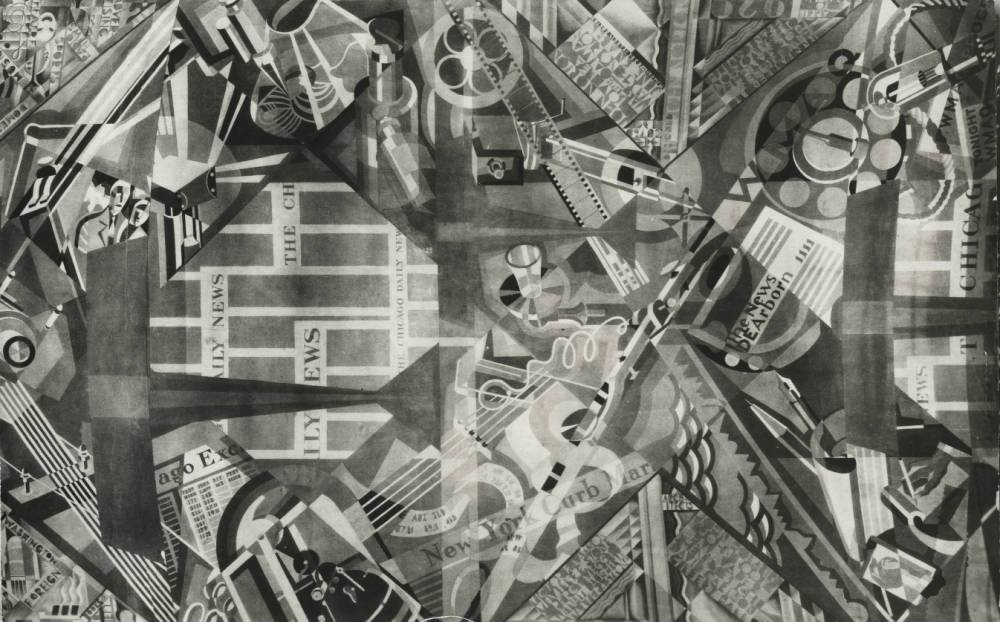 A close-up detail of “Gathering the News, Printing the News, Transporting the News” reflects the art deco design of 2 North Riverside Plaza. (Art Institute of Chicago Archives)