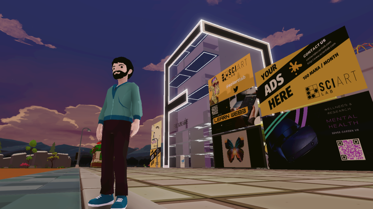 An avatar with shops and arenas in the background, in the metaverse world called Decentraland. (CoStar)