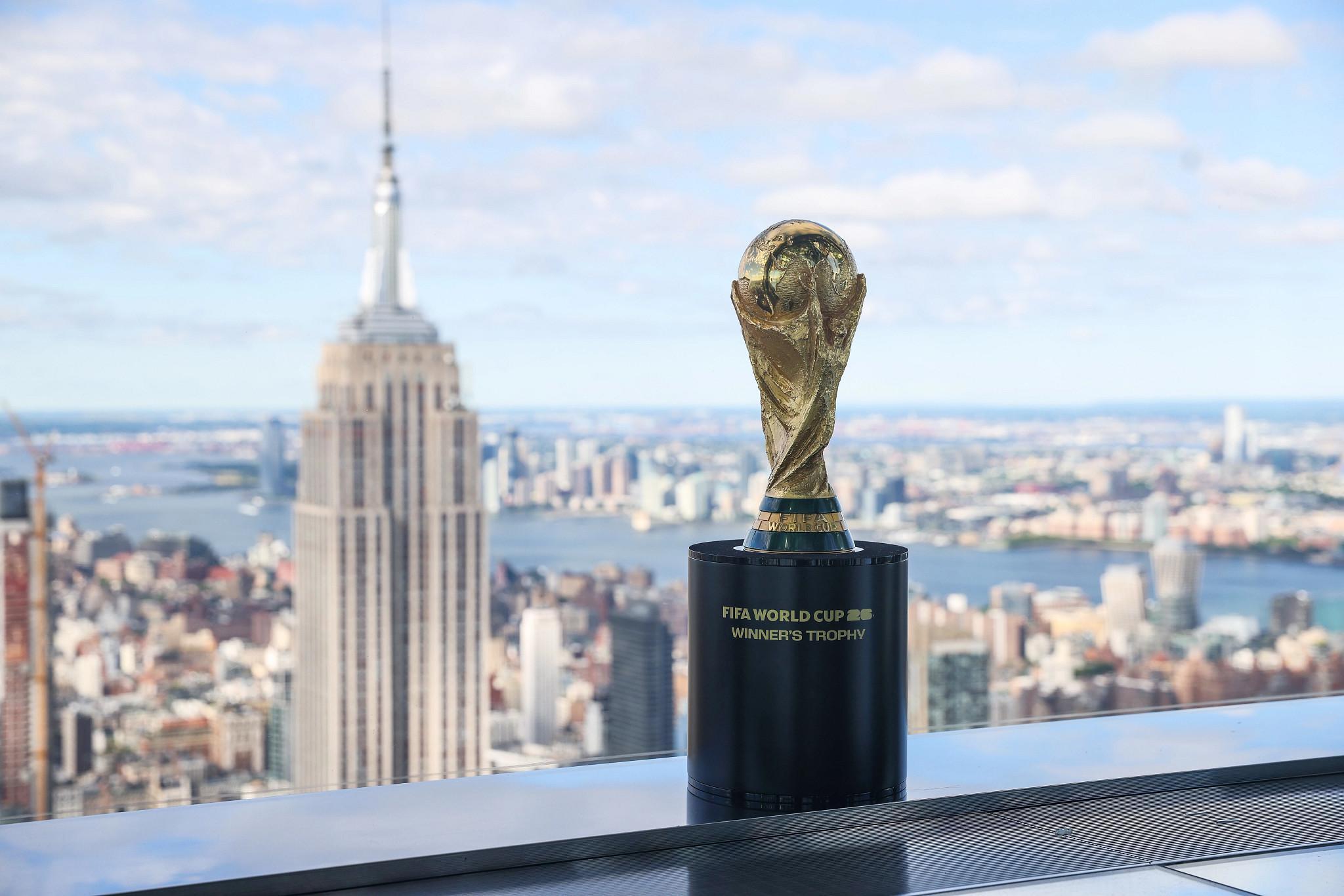 NEW YORK, NEW YORK - JULY 01: FIFA World Cup Trophy on display during the official Trophy Tour around FIFA 2026  World Cup host cities on July 01, 2024 in New York City. (Photo by Mike Stobe - FIFA/FIFA via Getty Images) (FIFA via Getty Images)