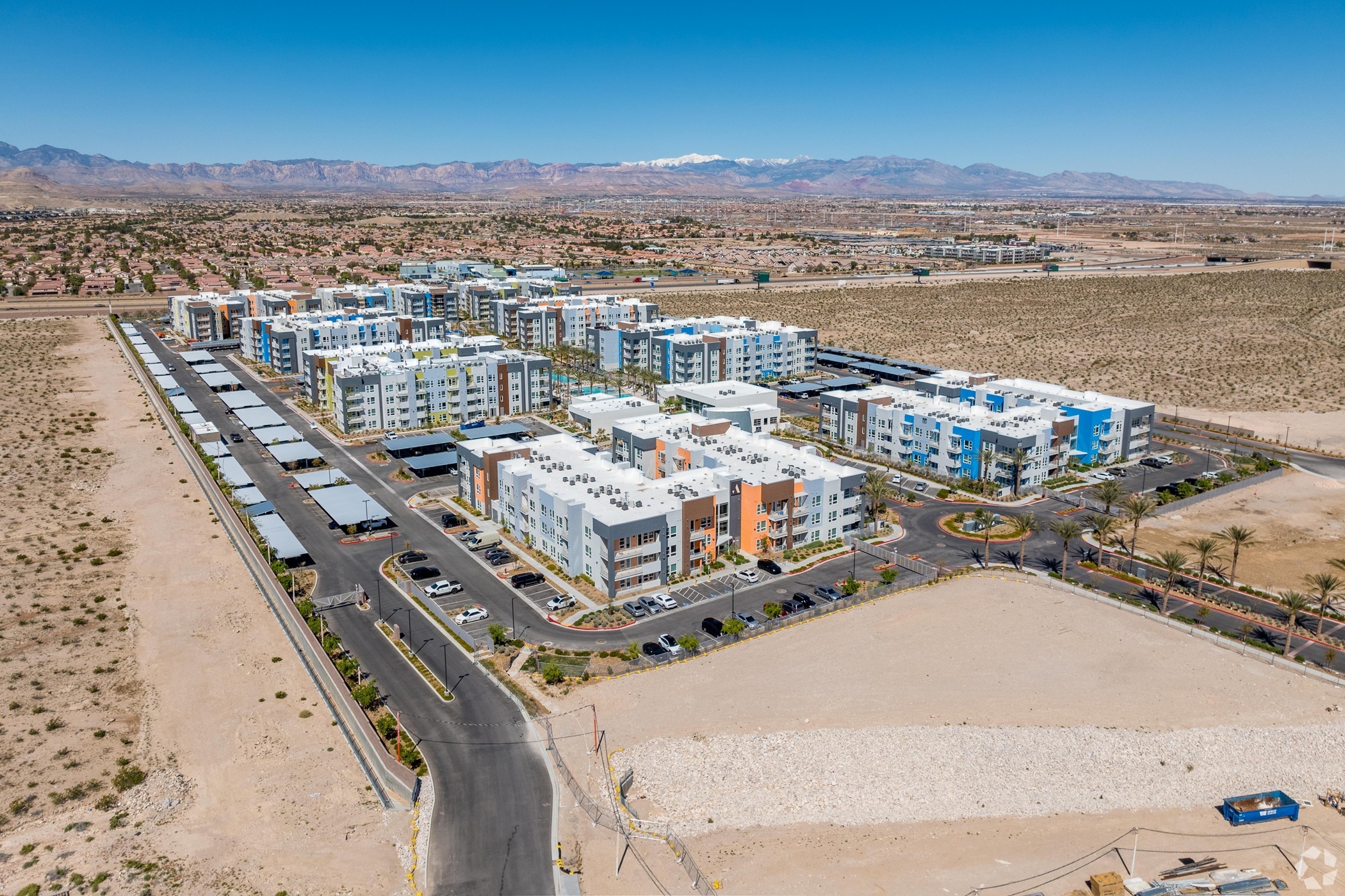The Aviva, an apartment village in Las Vegas, was constructed using a design prototype developed by Humphreys &amp; Partners Architects that fits more rentable space in a building’s footprint. (CoStar)