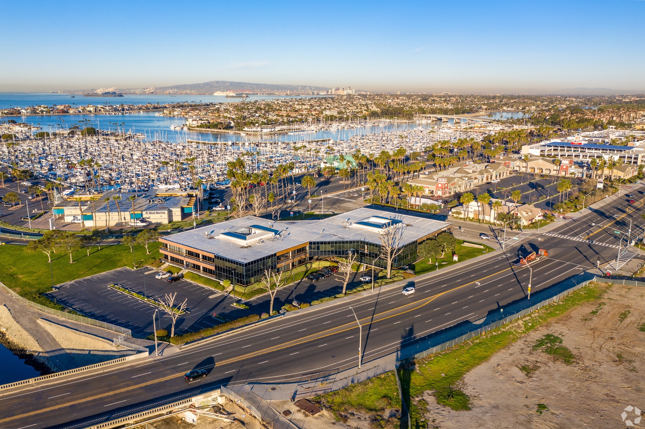 The office property at 6700 E. Pacific Coast Highway in Long Beach, California, may soon be converted into residential space. It sits next to Marina Shore, a retail property that's also expected to become apartments.  (CoStar) 