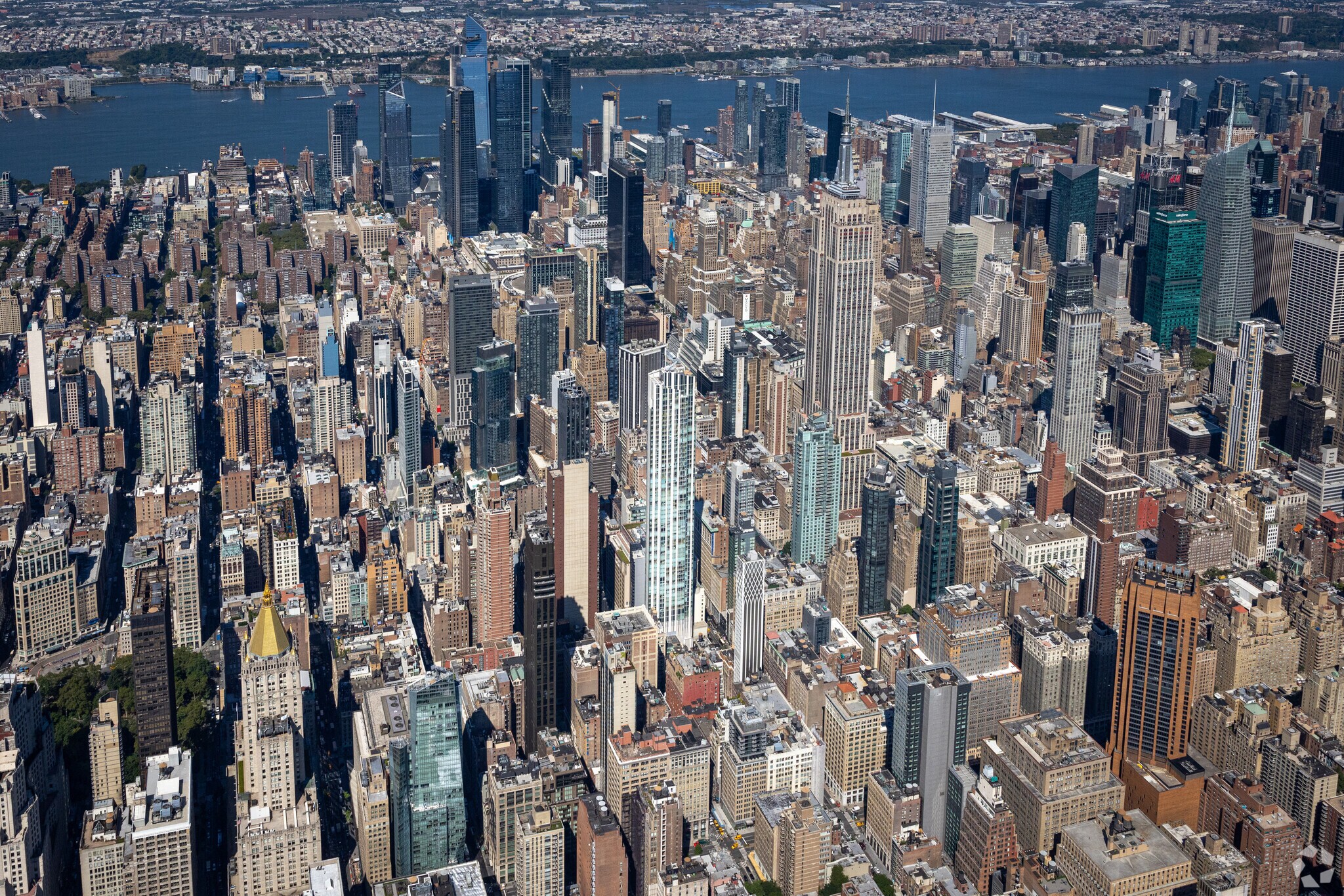 An aerial view of New York City's office towers is shown here. The amount of available office space has risen sharply in Boston, Philadelphia and Pittsburgh, though the same cannot be said for other Northeast markets. (CoStar)