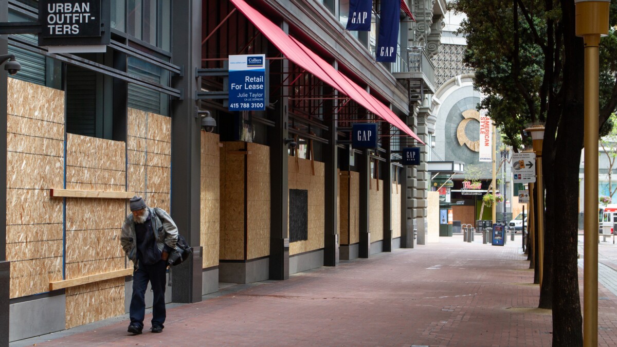 Retail stores are boarded up in San Francisco during the coronavirus pandemic. (Getty Images)