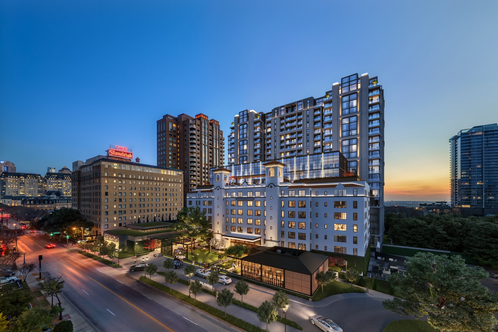 The existing Maple Terrace building will be renovated into boutique office space while a new 22-story apartment tower is planned behind it. (DBOX for Hines)
