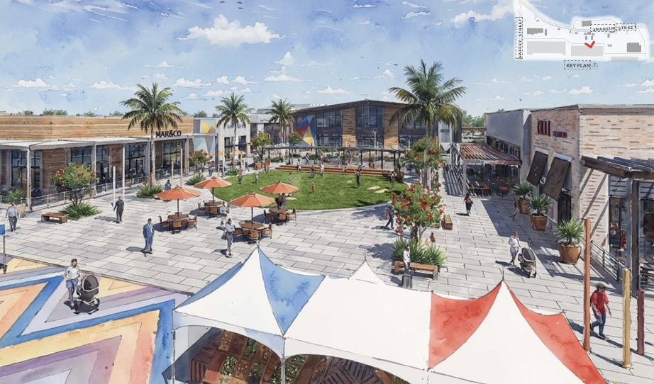 A rendering by AO of a commercial plaza planned for the redevelopment of the Philips 66 oil refinery complex in Los Angeles County (Los Angeles City Planning Commission)