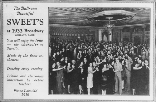An old flyer advertises Sweets Ballroom, a World War II-era swing dancing venue that later hosted jazz greats and is now leased to the school. (Oakland Wiki)
