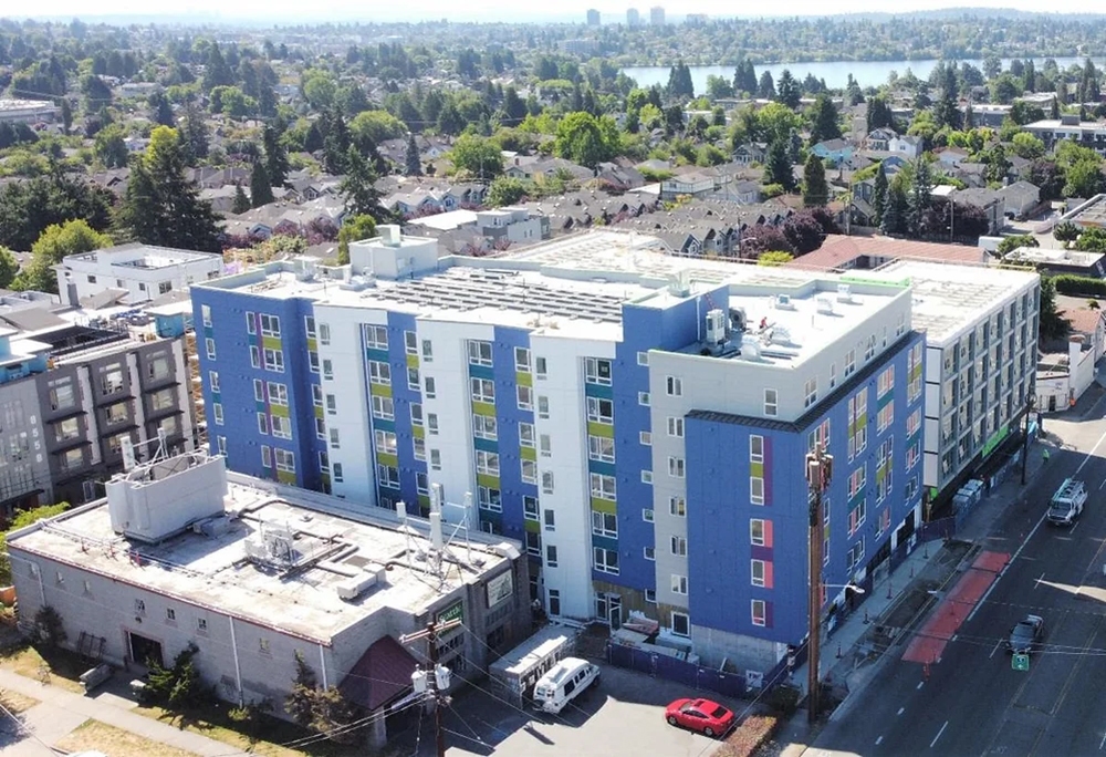 A nonprofit housing developer expects to finish John Fox Place on Seattle's Aurora Avenue in October. (Low Income Housing Institute)