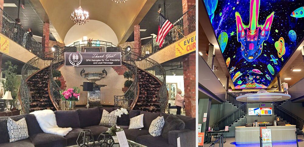The former furniture store, on the left, as it was presented to the public before it shuttered in 2018, has made way for a new indoor fun park, on the right, that's often filled to capacity on the weekends. (CoStar)