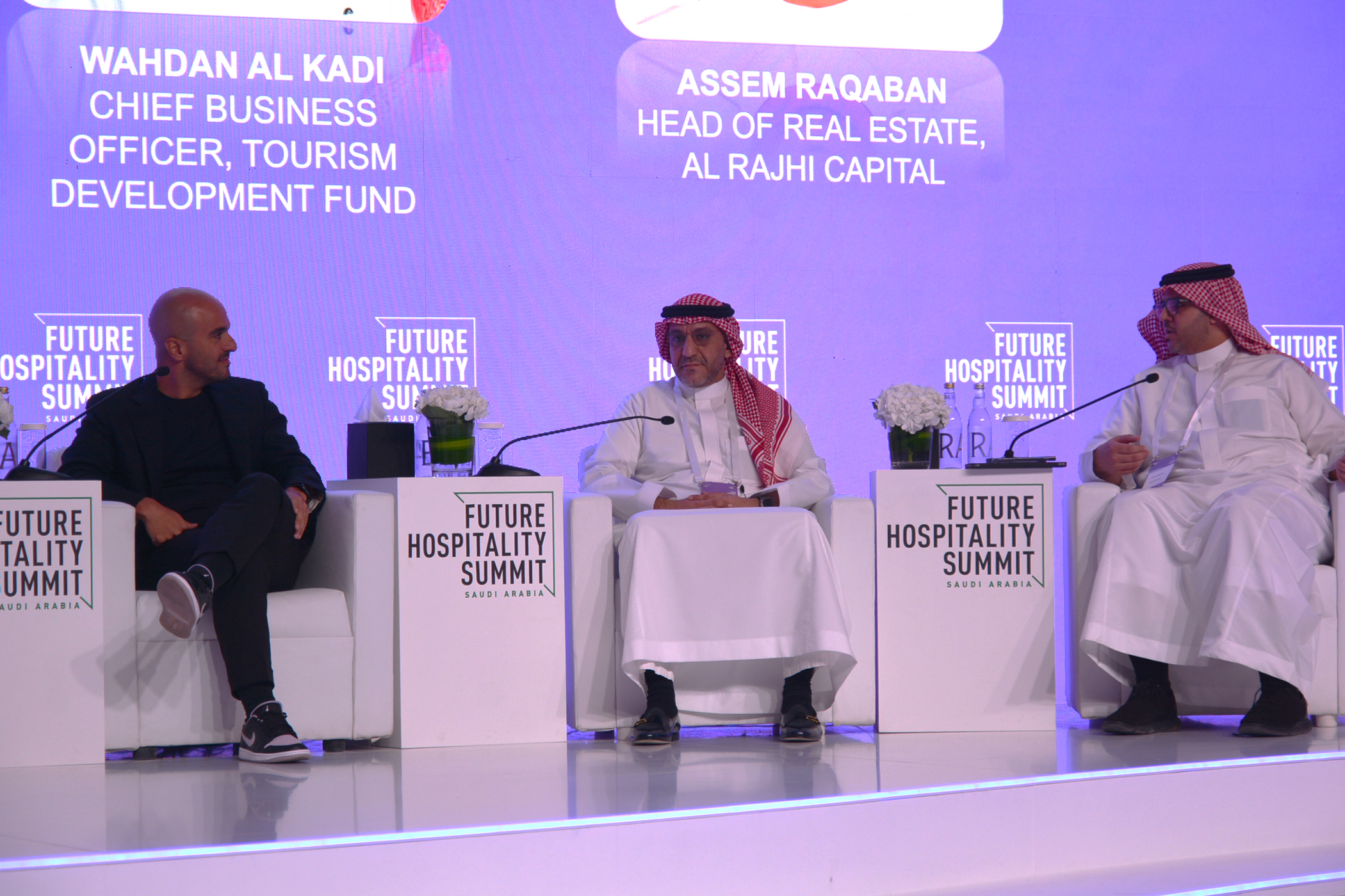 Speaking on a panel at the Future Hospitality Summit are (from left) Louis Abi Abboud, Ennismore; Wahdan Al Kadi, Tourism Development Fund, and Assem Raqaban, Al Rajhi Capital. (Terence Baker)