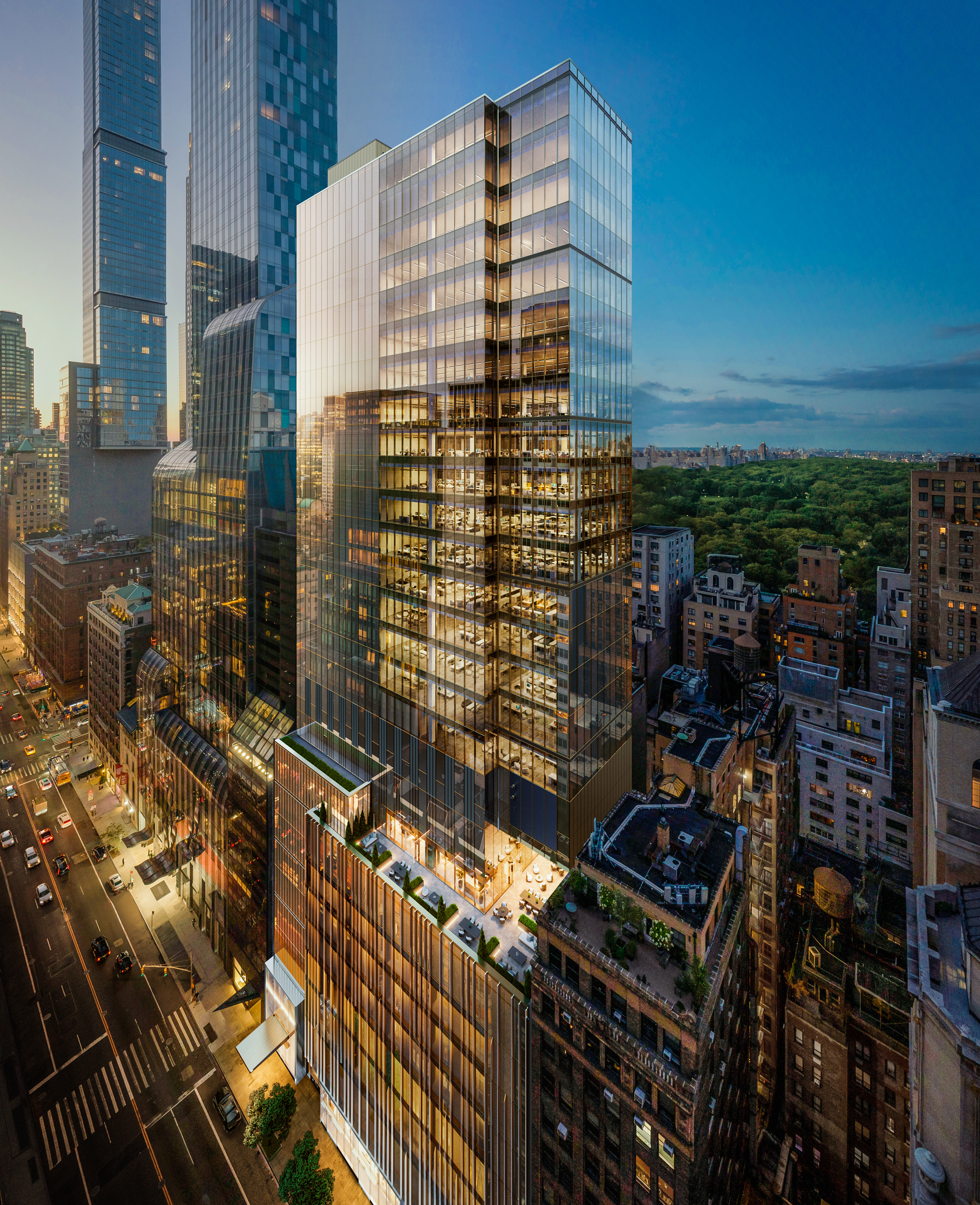 A speculative office building project on Manhattan's Billionaires' Row at 125 W. 57th St., depicted in a rendering, has begun leasing. (Neoscape)