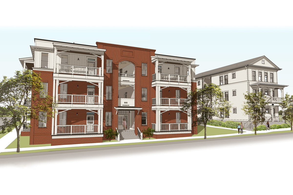 A rendering of two buildings that will include 24 affordable housing units at 646 Echo St. on Atlanta's Westside. (Kronberg Urbanists + Architects)