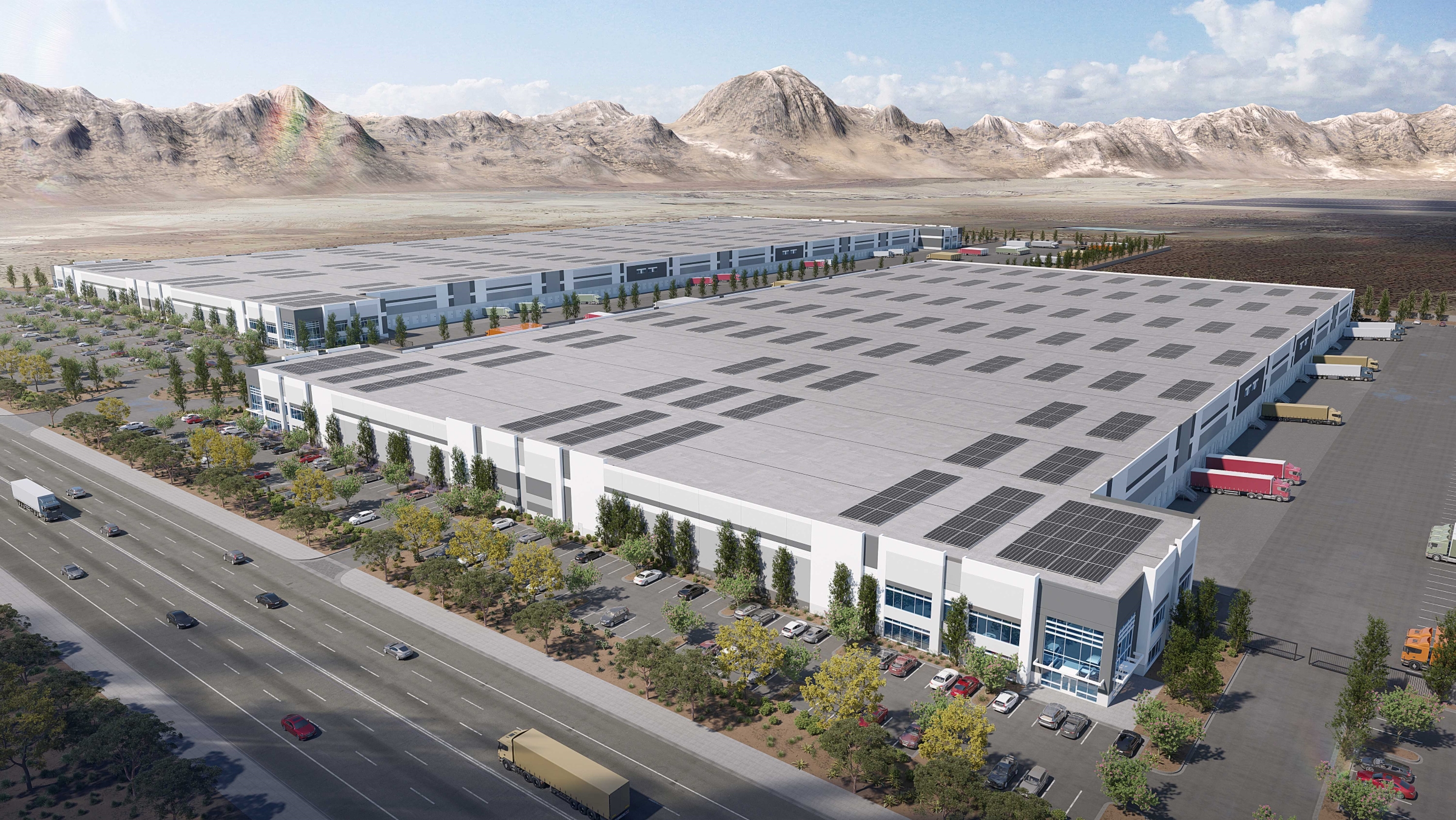 A rendering shows DIV Industrial's plans for a logistics project spanning 1.7 million square feet near Las Vegas. (DIV Industrial)